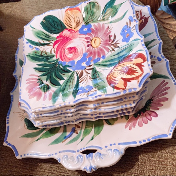 Italian Majolica Cake Set Platter/6 Plates Renaissance Revival Faïence Nove Rose - Picture 4 of 6